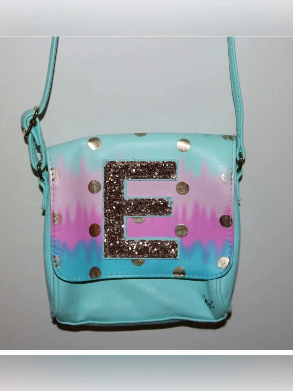 Girls Justice Sparkle Letter E Turquoise Gold Dot Ombre Small Crossbody Purse